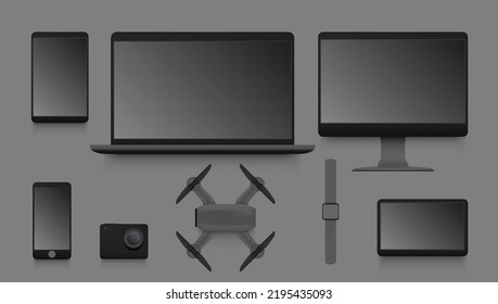 Simple Black Gadgets Set. Desktop Computer Display, Smartphone, Tablet, Laptop, Sport Camera, Smart Watch, RC Drone. EPS10 Vector