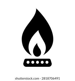 Simple black gas flame and burner icon representing natural gas, heating, combustion and energy supply. Ideal for gas utilities, heating systems, boilers, furnaces, energy infrastructure, fuel services and industrial applications.