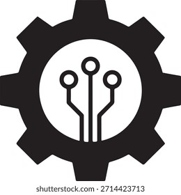 Un simple icono de engranaje negro con un patrón de placa de circuito blanco dentro de su centro.