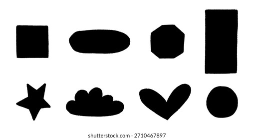 Simple black geometric shapes including a star cloud heart circle square oval octagon and rectangle on a white background for design elements