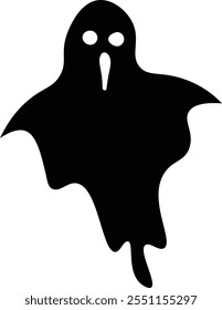 Fantasma negro simple con los ojos blancos redondos y la boca que grita que flota contra un fondo blanco crea una atmósfera espeluznante de halloween