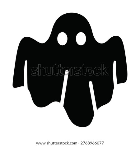 A simple black ghost silhouette with two white eyes floating on a white background, rendered in a minimal cartoon style.