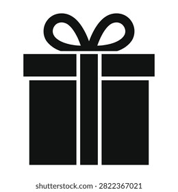 A simple black gift box with a ribbon tied on top, icon or symbol for presents and gifts