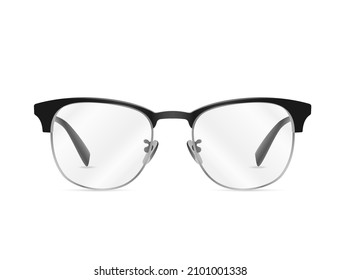 A simple black glasses with transparent lenses on a white background
