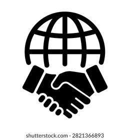Simple black globe and handshake icon representing global partnership, international outsourcing and worldwide business cooperation. Ideal for BPO services, strategic alliances, offshore collaboration, multinational companies, consulting and global corporate networks.