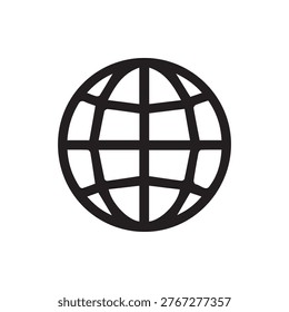 Simple black globe icon on a white background often used for internet website global network or language selection representing worldwide reach.