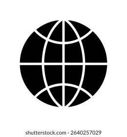 A simple, black globe icon, representing the world or internet, is displayed against a white background.  The image is a solid, two-dimensional graphic.