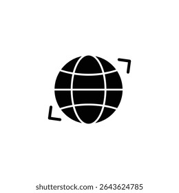 Simple black globe icon symbolizing global reach, rotation, and worldwide connectivity.