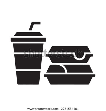 Simple black glyph depicting a drink and a sandwich in takeout containers