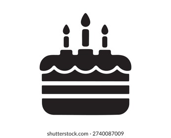 Simple black glyph icon of a birthday cake with three lit candles, perfect for celebrating special occasions.