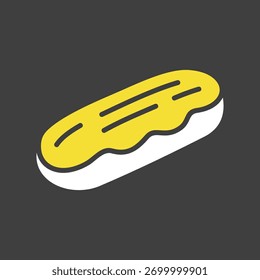 Un simple icono de glifo negro de un clásico eclair francés con glaseado en la parte superior. Perfecto para menús, diseños de cafeterías o ilustraciones de dulces.