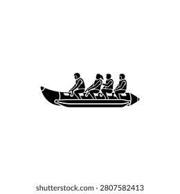 A simple black glyph icon depicting four people riding on a banana boat inflatable raft for water sports activity.