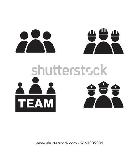 Simple Black Glyph Icons: Teamwork, Collaboration, Team, Group, People, Unity, Professional, Business, Construction, Police.