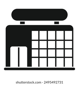 Simple black glyph representing a big supermarket building facade with a signboard, for retail business related design