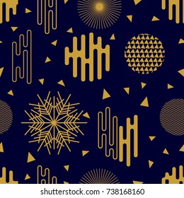 Simple black and golden festive pattern. Seamless vector background with Japanese, Chinese, Korean motifs. Modern composition with ornate circles and different geometric shapes.