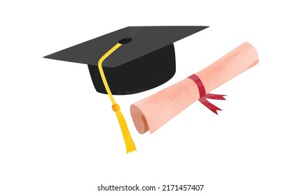 Simple Black Graduation Cap With Degree Clipart. Graduation Cap And Diploma Watercolor Vector Illustration Isolated On White Background. Cap And Diploma Cartoon Clipart