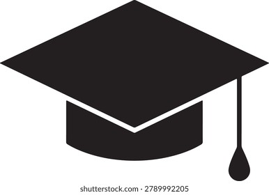 A simple black graduation cap icon with a tassel on the right side, set against a clean white background, symbolizing academic achievement and education