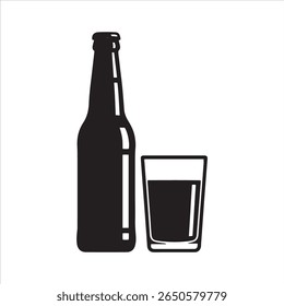 Um simples gráfico preto representando uma garrafa de bebida ao lado de um copo cheio.