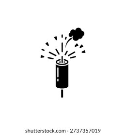 A simple black graphic depicts a lit firecracker with sparks flying a bold silhouette