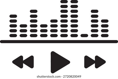 Gráfico negro simple que muestra un ecualizador de audio y Botones de control de medios sobre un fondo blanco para controlar la reproducción de audio digital y la navegación en varias aplicaciones multimedia.