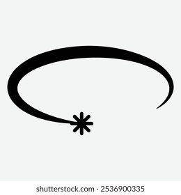 A simple black graphic featuring a curved line and a star-like shape at one end.