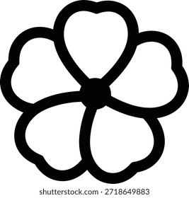 Un simple gráfico negro de una flor de cinco pétalos con un círculo central está aislado sobre un fondo blanco. Los pétalos son redondeados y lisos.