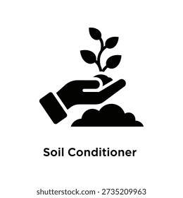 A simple black graphic of a hand planting a seedling into soil, representing soil conditioner and gardening concept.