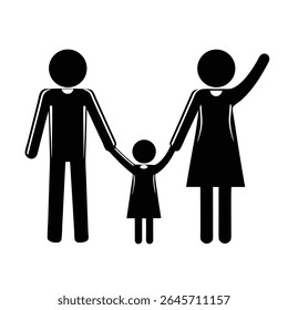 A simple black graphic icon of a family with two adults and one child holding hands against a white background.