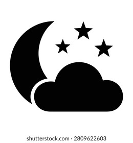 A simple black graphic icon featuring a crescent moon three stars and a cloud