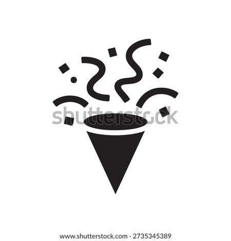 Simple black graphic of a party popper with streamers and confetti on a white background symbolizing celebration and festive occasions.
