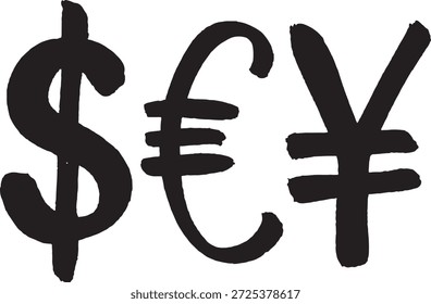 Simples representação gráfica preta das principais moedas mundiais dólar euro iene sobre um fundo branco, simbolizando as finanças internacionais e o comércio global.