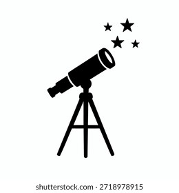Um simples gráfico preto representando um telescópio montado em um tripé, apontado para várias estrelas, simbolizando a astronomia e a observação espacial. A imagem tem um plano de fundo branco puro.
