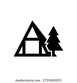 Simples gráfico preto de uma tenda e árvore em um fundo branco, simbolizando acampamento ou aventura ao ar livre.