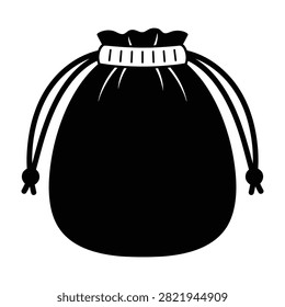 Simple black graphic of a textile drawstring pouch or bag. Minimalist icon design suitable for web, mobile apps, and print media. Isolated object.