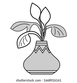 Simple black, grey and white flat design of a pot and plant. Vector illustration