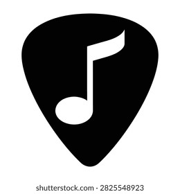Simple black guitar plectrum featuring a white eighth note icon. Minimalist music symbol isolated on white. Ideal for design, logos, and web.