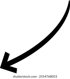 Simple, black, hand drawn arrow curving down and to the left, isolated on a white background, providing clear direction and visual guidance