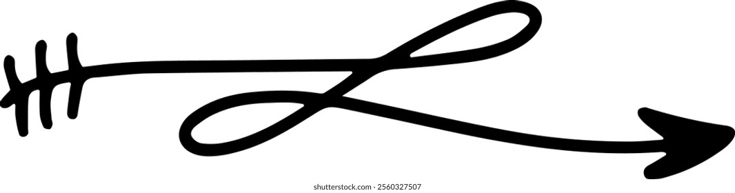 Simple, black, hand drawn arrow pointing right, featuring a looped line and fletching, ideal for visually guiding attention or indicating direction