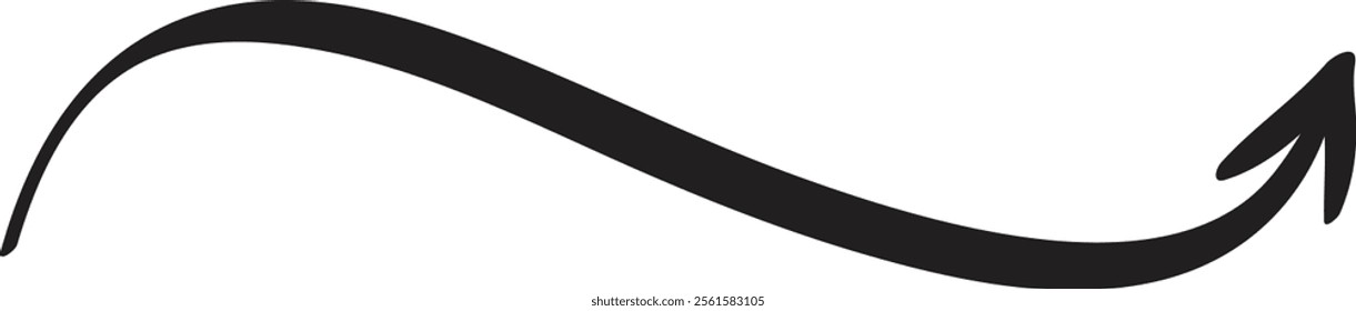 Simple, black, hand drawn arrow curving upwards, representing concepts like growth, progress, and positive change, ideal for visual communication