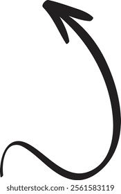 Simple, black, hand drawn arrow pointing upward with a curved line, isolated on white background, ideal for presentations, infographics, and design projects