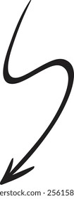 Simple, black, hand drawn arrow curving down and to the left, isolated on a white background, providing clear direction and visual guidance