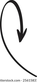 Simple, black, hand drawn curved arrow pointing downwards, set against a clean white background, serving as an ideal graphic element for diverse design projects and visual communications