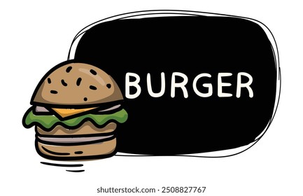 Simple black hand drawn label with burger. Vector template for price tag, label, sticker. Menu design for cafes, restaurants