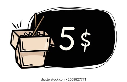 Simple black hand drawn label with chinese food box. Vector template for price tag, label, sticker. Menu design for cafes, restaurants