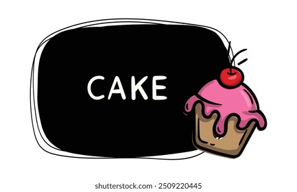 Rótulo desenhado à mão preto simples com cupcake de cereja. Modelo de vetor para etiqueta de preço, etiqueta, adesivo. Design de menu para cafés, restaurantes