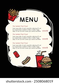 Simple black hand drawn menu template. Design for restaurant, cafe, fast food. Vector illustration of burger, fries, hot dog, cola