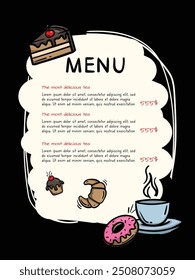 Simple black hand drawn menu template. Vector illustration of cake, brownie, donut, croissant, coffee cup. Design for a restaurant, cafe