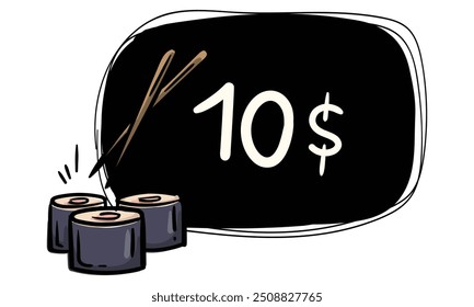 A simple black hand drawn sushi label. Vector template for price tag, label, sticker. Menu design for cafes, restaurants