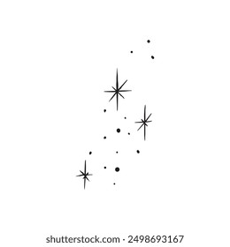 Simple black hand drawn twinkles signifying stars in the night sky. Black vector dots and simple stars, vectorised in black. 