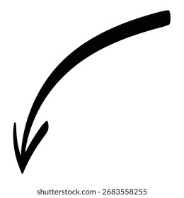 A simple, black, hand-drawn arrow with a curved shaft, pointing downwards and to the left. Isolated on a white background.